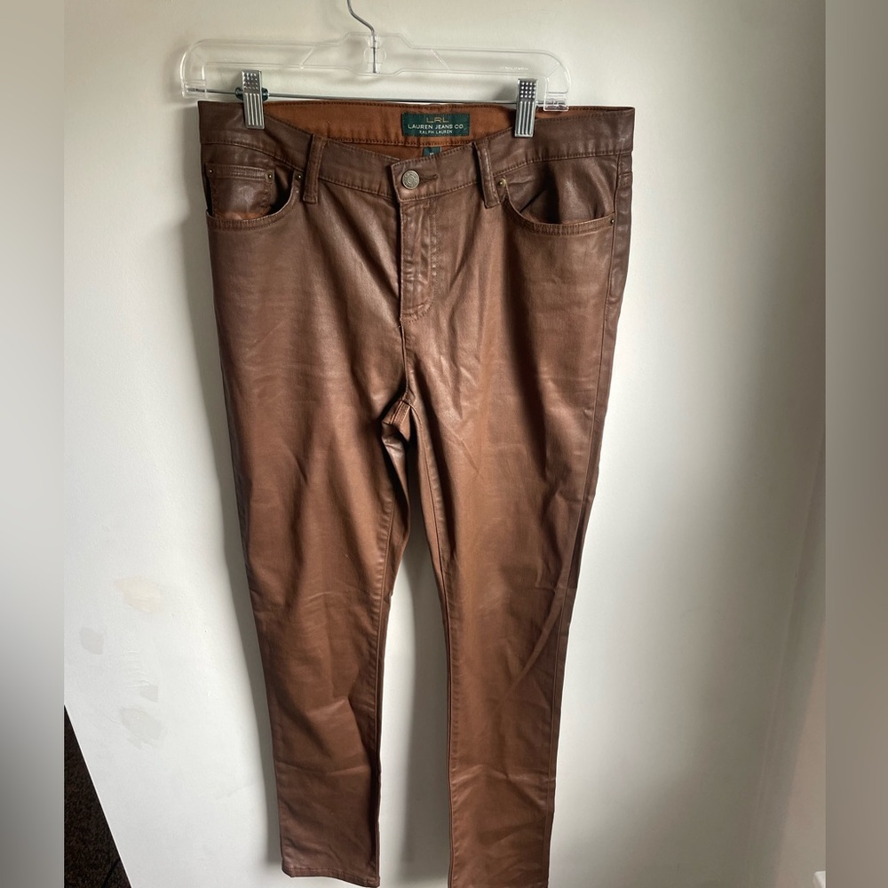 LAUREN RALPH LAUREN Premier Skinny Ankle Waxed Denim PANTS Size 10 Dark Brown